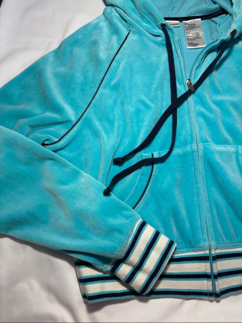 Y2K Aqua Light Blue Velour Zip Up Hooded Track Jacket 2000s Style Sporty Stripe